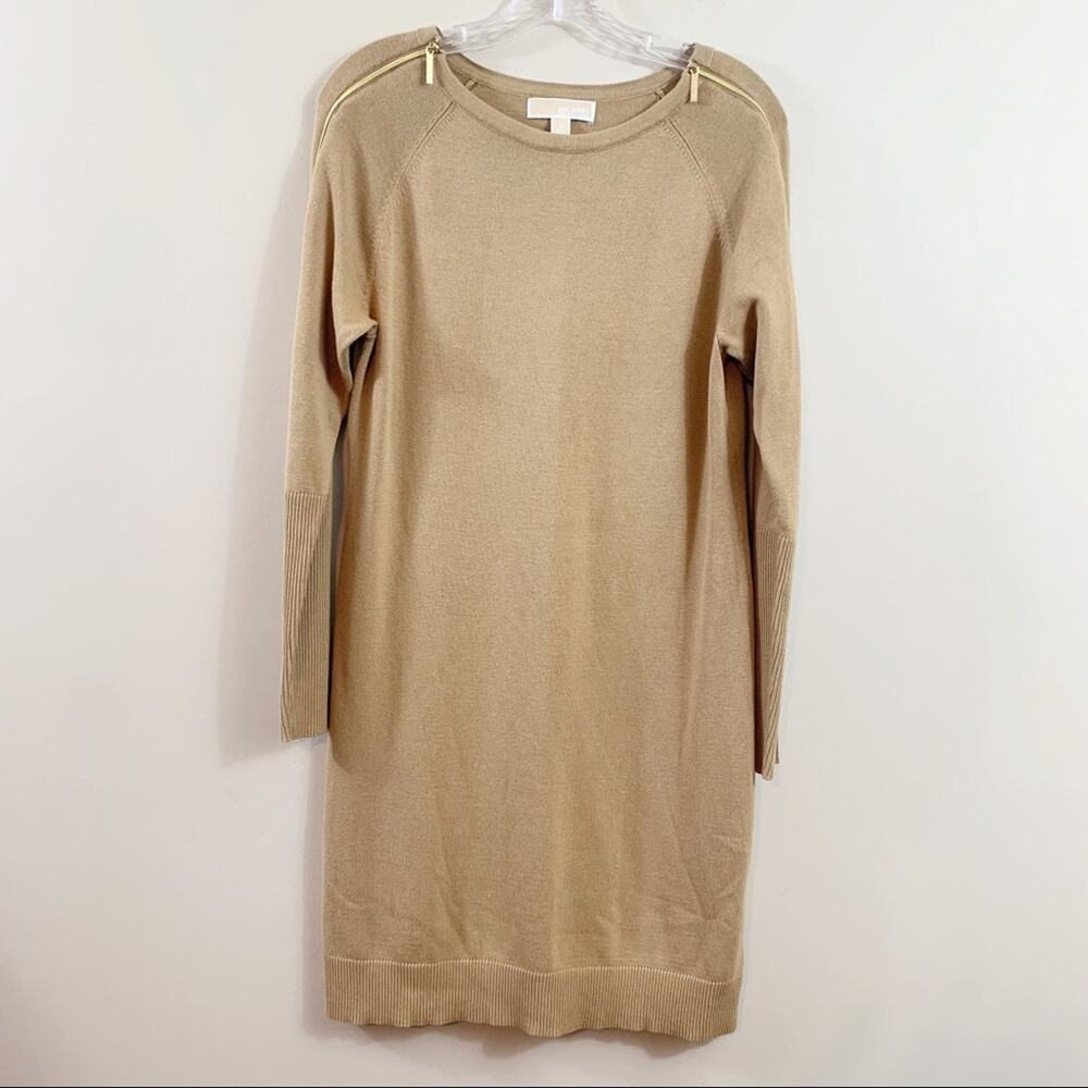 Michael Michael Kors Tan Knit Sweater Dress Gold Zipper Detail Long Sleeve